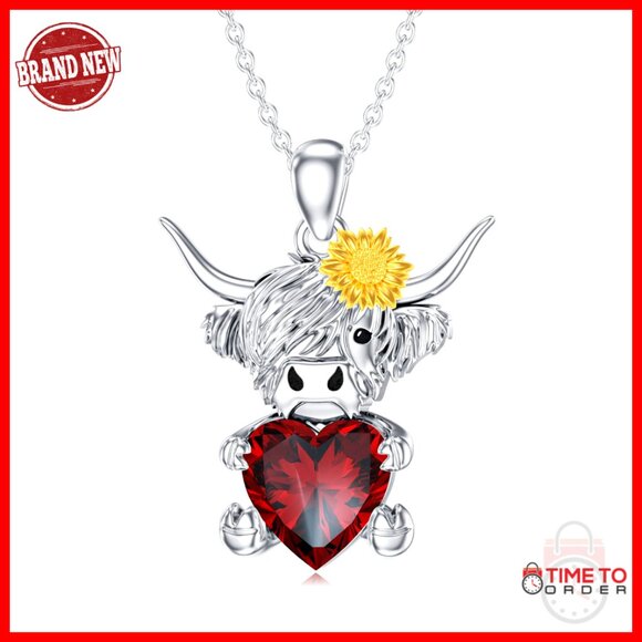 Sterling Silver Highland Cow Pendant Necklace with Birthstone Gift